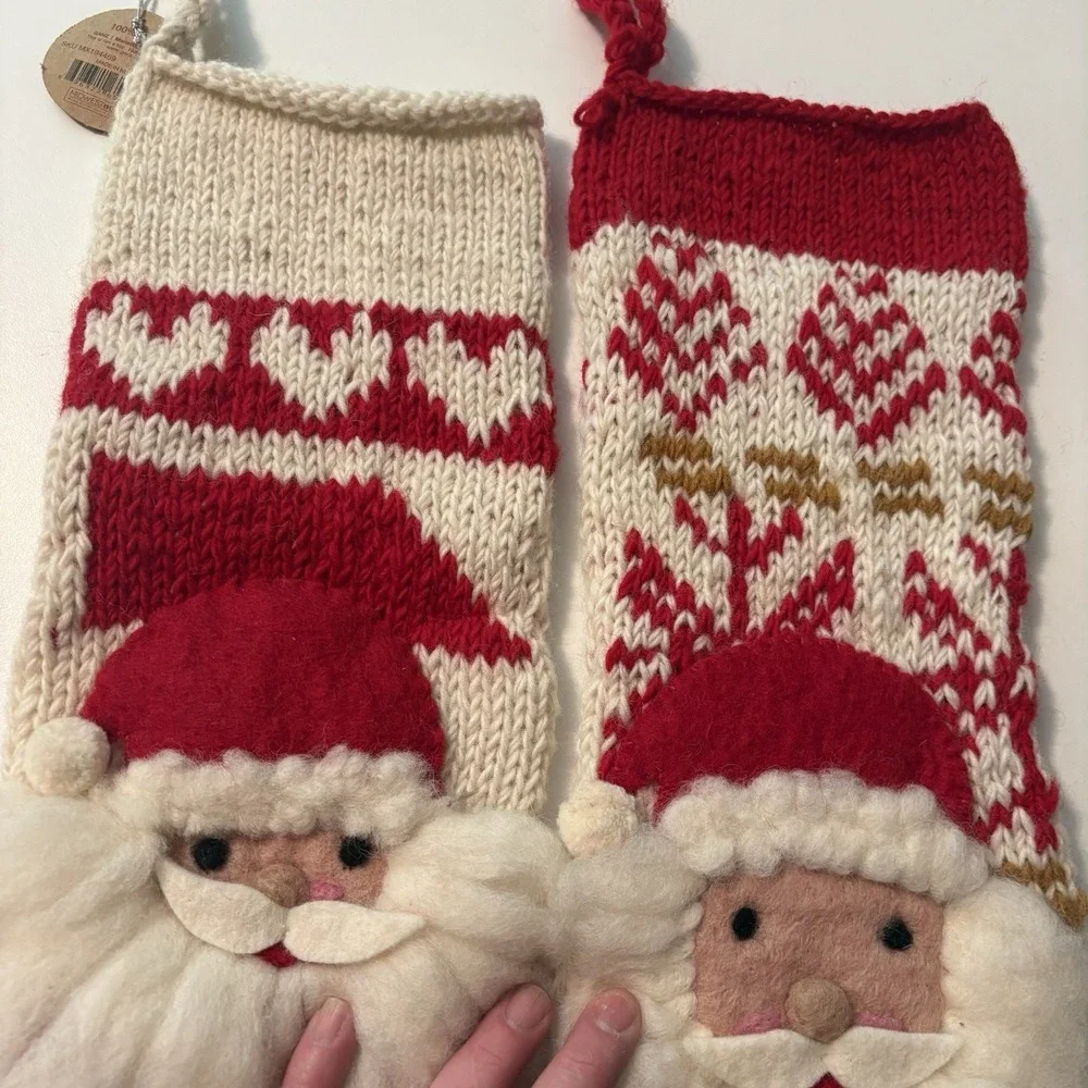 NWT PAIR SANTA Red & White Knit Wool Christmas Stockings $120 MSRP MADE IN NEPAL